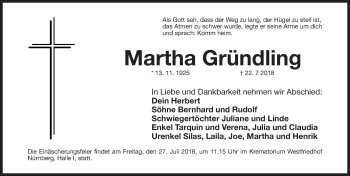 Traueranzeige von Martha Gündling von Gesamtausgabe Nürnberger Nachrichten/ Nürnberger Ztg.