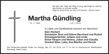 Traueranzeige von Martha Gündling von Gesamtausgabe Nürnberger Nachrichten/ Nürnberger Ztg.