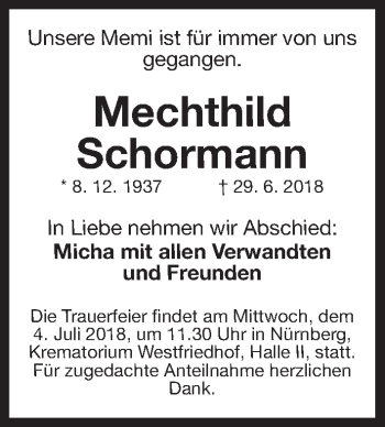 Traueranzeige von Mechthild Schormann von Erlanger Nachrichten Lokal
