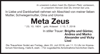 Traueranzeige von Meta Zeus von Gesamtausgabe Nürnberger Nachrichten/ Nürnberger Ztg.