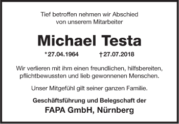 Traueranzeige von Michael Testa von Gesamtausgabe Nürnberger Nachrichten/ Nürnberger Ztg.