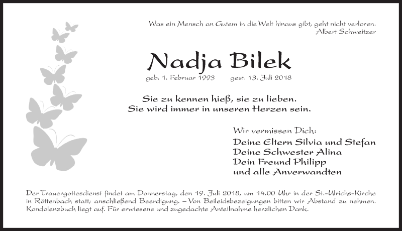  Traueranzeige für Nadja Bilek vom 18.07.2018 aus Roth-Hilpoltsteiner Volkszeitung Lokal