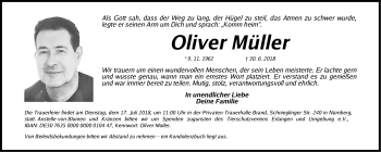 Traueranzeige von Oliver Müller von Gesamtausgabe Nürnberger Nachrichten/ Nürnberger Ztg.