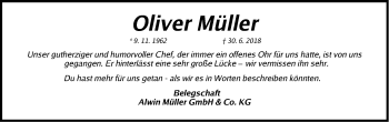 Traueranzeige von Oliver Müller von Gesamtausgabe Nürnberger Nachrichten/ Nürnberger Ztg.