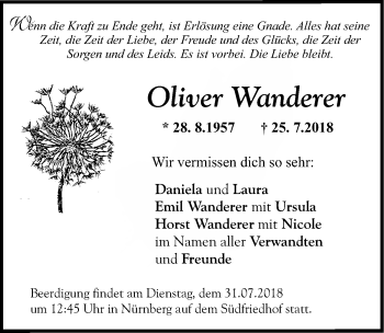 Traueranzeige von Oliver Wanderer von Gesamtausgabe Nürnberger Nachrichten/ Nürnberger Ztg.