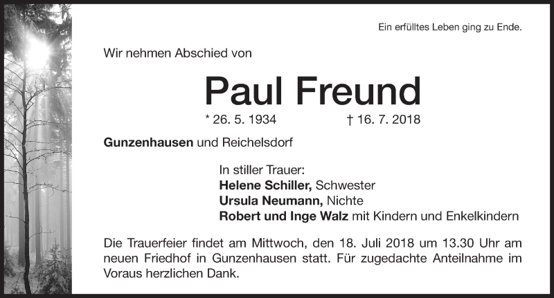  Traueranzeige für Paul Freund vom 17.07.2018 aus Altmühl-Bote Lokal