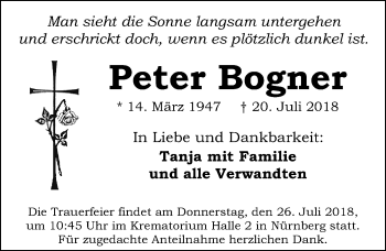 Traueranzeige von Peter Bogner von Gesamtausgabe Nürnberger Nachrichten/ Nürnberger Ztg.