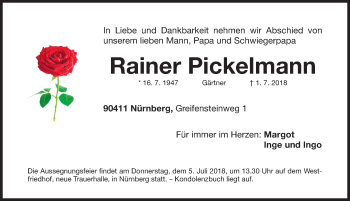 Traueranzeige von Rainer Pickelmann von Gesamtausgabe Nürnberger Nachrichten/ Nürnberger Ztg.