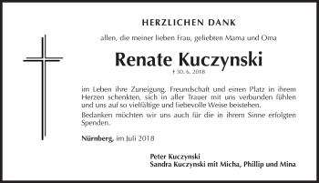 Traueranzeige von Renate Kuczynski von Gesamtausgabe Nürnberger Nachrichten/ Nürnberger Ztg.