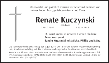 Traueranzeige von Renate Kuczynski von Gesamtausgabe Nürnberger Nachrichten/ Nürnberger Ztg.