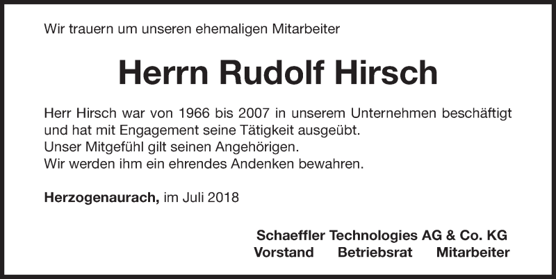  Traueranzeige für Rudolf Hirsch vom 18.07.2018 aus Nordbayerische Nachrichten Herzogenaurach Lokal