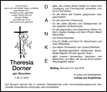 Traueranzeige von Theresia Dorner von Roth-Hilpoltsteiner Volkszeitung Lokal