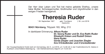 Traueranzeige von Theresia Ruder von Nordbayerische Nachrichten Pegnitz Lokal