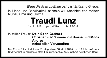 Traueranzeige von Traudl Lunz von Schwabach