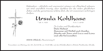 Traueranzeige von Ursula Kohlhase von Gesamtausgabe Nürnberger Nachrichten/ Nürnberger Ztg.