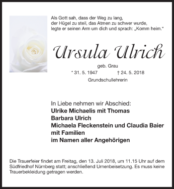 Traueranzeige von Ursula Ulrich von Gesamtausgabe Nürnberger Nachrichten/ Nürnberger Ztg.