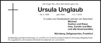 Traueranzeige von Ursula Unglaub von Gesamtausgabe Nürnberger Nachrichten/ Nürnberger Ztg.