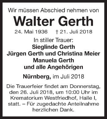 Traueranzeige von Walter Gerth von Gesamtausgabe Nürnberger Nachrichten/ Nürnberger Ztg.