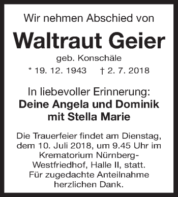 Traueranzeige von Waltraud Geier von Gesamtausgabe Nürnberger Nachrichten/ Nürnberger Ztg.