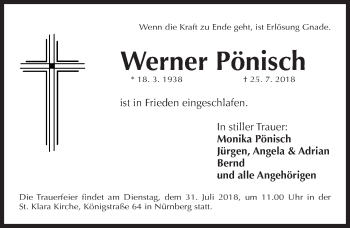Traueranzeige von Werner Pönisch von Gesamtausgabe Nürnberger Nachrichten/ Nürnberger Ztg.