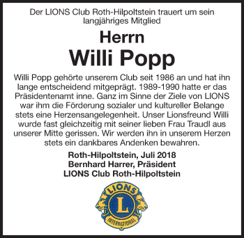 Traueranzeige von Willi Popp von Roth-Hilpoltsteiner Volkszeitung Lokal