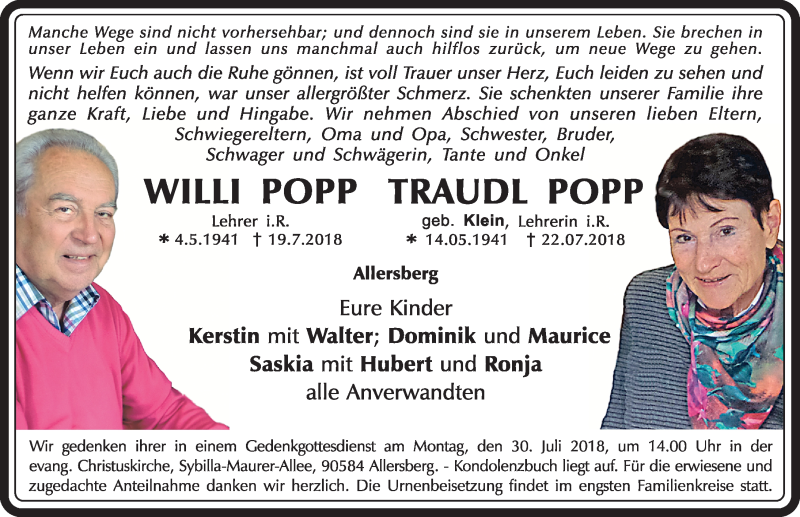  Traueranzeige für Willi und Traudl Popp vom 28.07.2018 aus Gesamtausgabe Nürnberger Nachrichten/ Nürnberger Ztg.