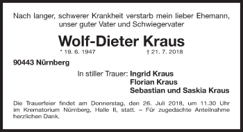 Traueranzeige von Wolf-Dieter Kraus von Gesamtausgabe Nürnberger Nachrichten/ Nürnberger Ztg.