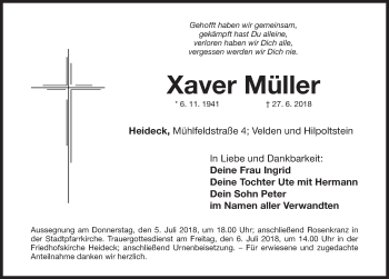 Traueranzeige von Xaver Müller von Roth-Hilpoltsteiner Volkszeitung Lokal