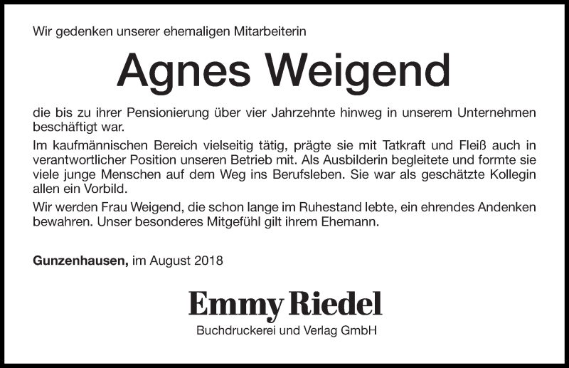  Traueranzeige für Agnes Weigend vom 11.08.2018 aus Altmühl-Bote Lokal