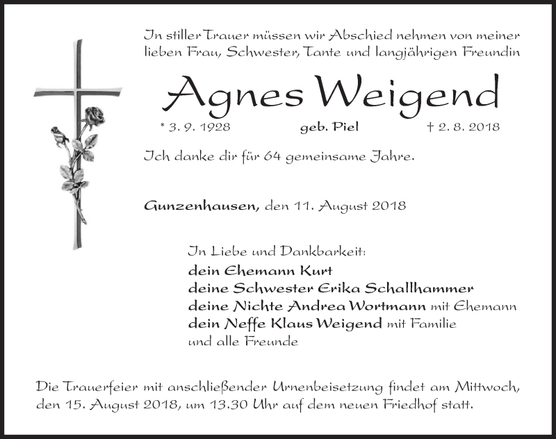  Traueranzeige für Agnes Weigend vom 11.08.2018 aus Altmühl-Bote Lokal