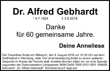 Traueranzeige von Alfred Gebhardt von Gesamtausgabe Nürnberger Nachrichten/ Nürnberger Ztg.