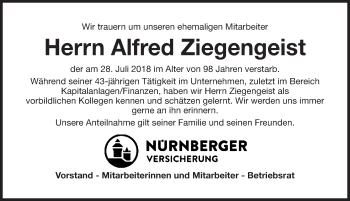 Traueranzeige von Alfred Ziegengeist von Gesamtausgabe Nürnberger Nachrichten/ Nürnberger Ztg.