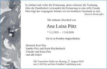 Traueranzeige von Ana Luisa Pütz von Fürther Nachrichten Lokal
