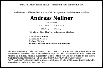 Traueranzeige von Andreas Nellner von Gesamtausgabe Nürnberger Nachrichten/ Nürnberger Ztg.