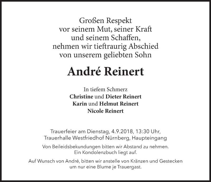  Traueranzeige für André Reinert vom 01.09.2018 aus Gesamtausgabe Nürnberger Nachrichten/ Nürnberger Ztg.