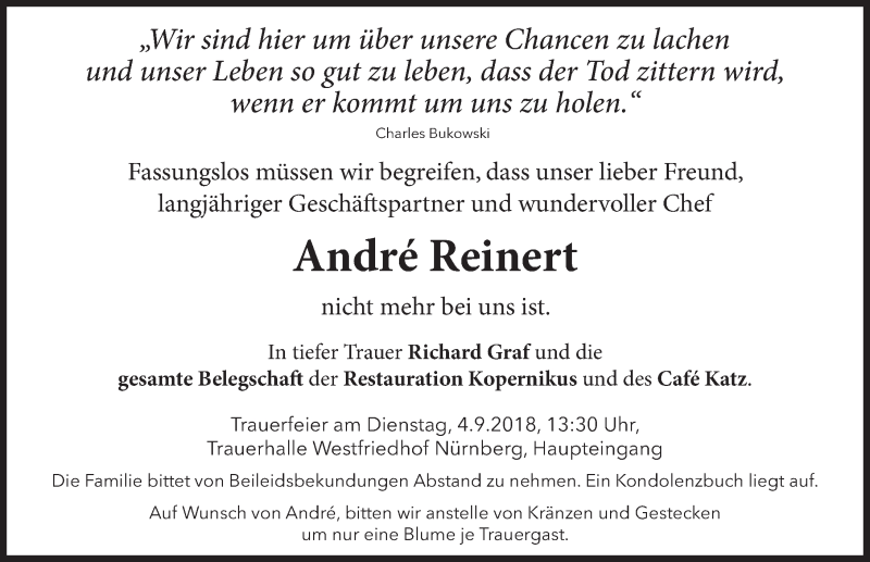  Traueranzeige für André Reinert vom 01.09.2018 aus Gesamtausgabe Nürnberger Nachrichten/ Nürnberger Ztg.