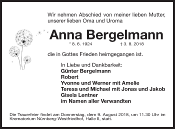 Traueranzeige von Anna Bergelmann von Gesamtausgabe Nürnberger Nachrichten/ Nürnberger Ztg.