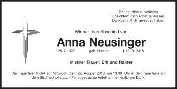Traueranzeige von Anna Neusinger von Gesamtausgabe Nürnberger Nachrichten/ Nürnberger Ztg.