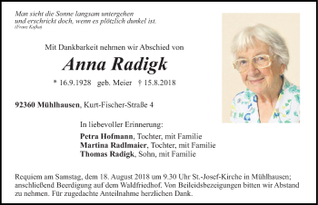 Traueranzeige von Anna Radigk von Neumarkter Nachrichten Lokal