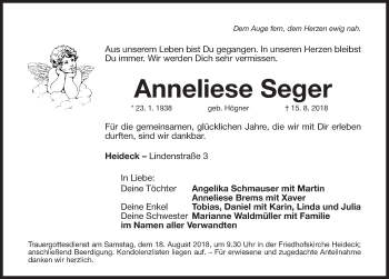 Traueranzeige von Anneliese Seger von Roth-Hilpoltsteiner Volkszeitung Lokal