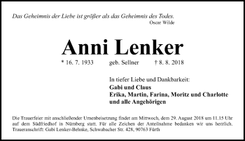 Traueranzeige von Anni Lenker von Gesamtausgabe Nürnberger Nachrichten/ Nürnberger Ztg.