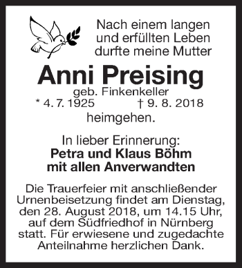 Traueranzeige von Anni Preising von Gesamtausgabe Nürnberger Nachrichten/ Nürnberger Ztg.