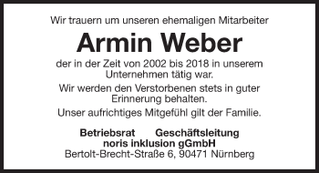 Traueranzeige von Armin Weber von Gesamtausgabe Nürnberger Nachrichten/ Nürnberger Ztg.