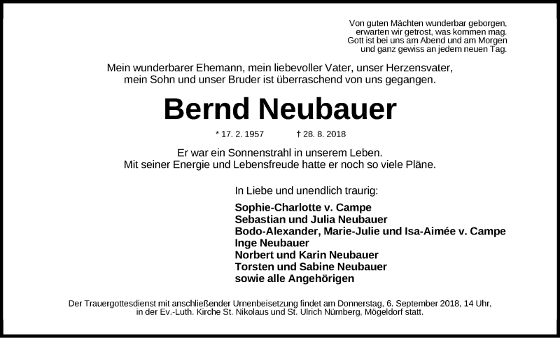  Traueranzeige für Bernd Neubauer vom 01.09.2018 aus Gesamtausgabe Nürnberger Nachrichten/ Nürnberger Ztg.