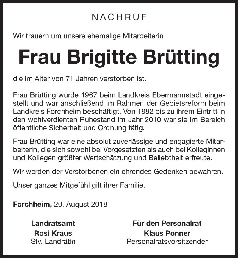  Traueranzeige für Brigitte Brütting vom 21.08.2018 aus Nordbayerische Nachrichten Forchheim Lokal