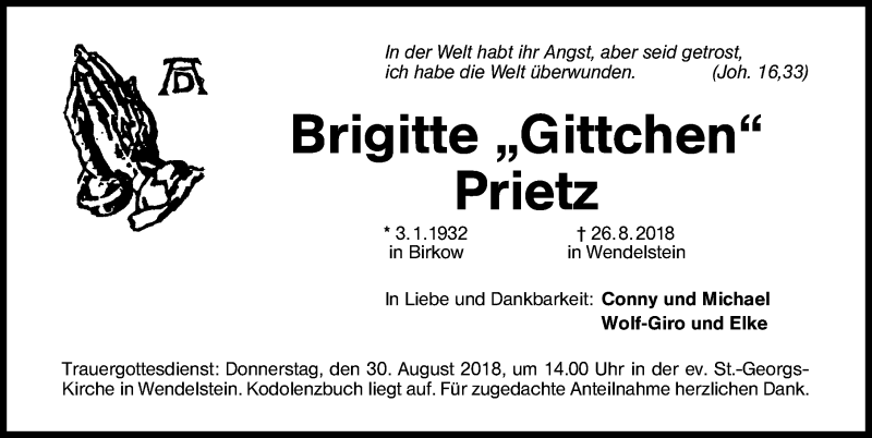 Traueranzeige für Brigitte Prietz vom 28.08.2018 aus Schwabach