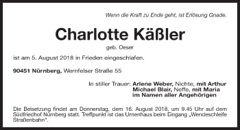 Traueranzeige von Charlotte Käßler von Gesamtausgabe Nürnberger Nachrichten/ Nürnberger Ztg.