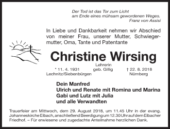 Traueranzeige von Christine Wirsing von Gesamtausgabe Nürnberger Nachrichten/ Nürnberger Ztg.