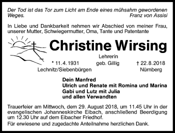Traueranzeige von Christine Wirsing von Schwabach