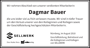 Traueranzeige von Dagmar Bauer von Gesamtausgabe Nürnberger Nachrichten/ Nürnberger Ztg.